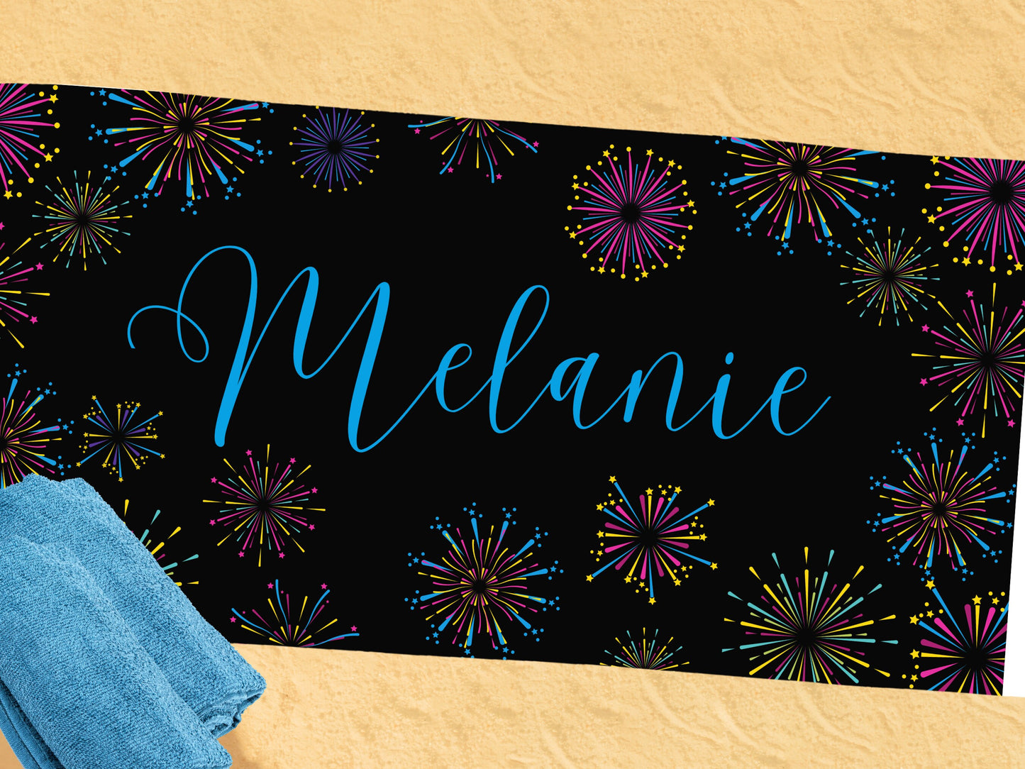 Custom Beach Towel with Name, Family Vacation, Beach Trip, Mother's Day Gift, Pool Towel, Personalized Towel - Fireworks!
