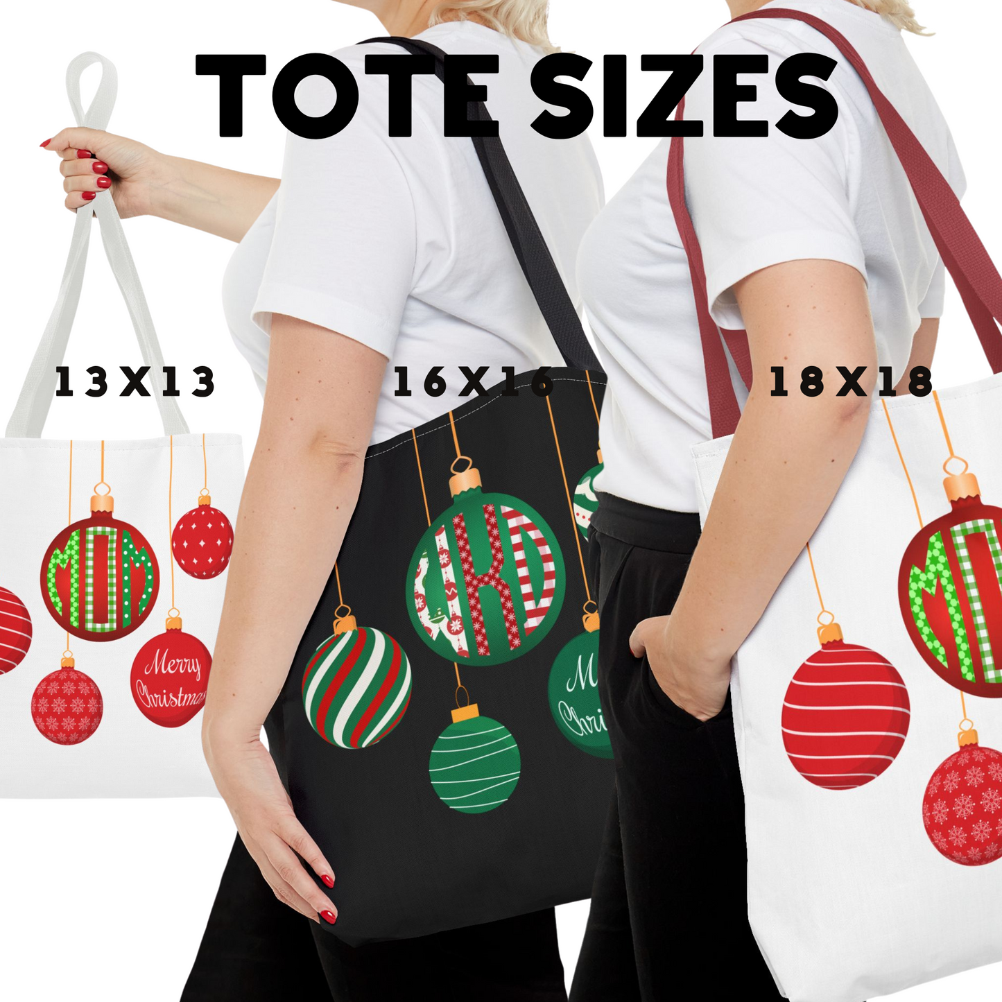 Personalized boxy tote bag with a beautiful Christmas ornament monogram in green or red. Instead of a monogram, you can also personalize with "Mom" or another 3-letter word of your choice. This bag is available with a white or black background and your choice of white, red or black handle. There is a different design on the back. Available in 3 sizes