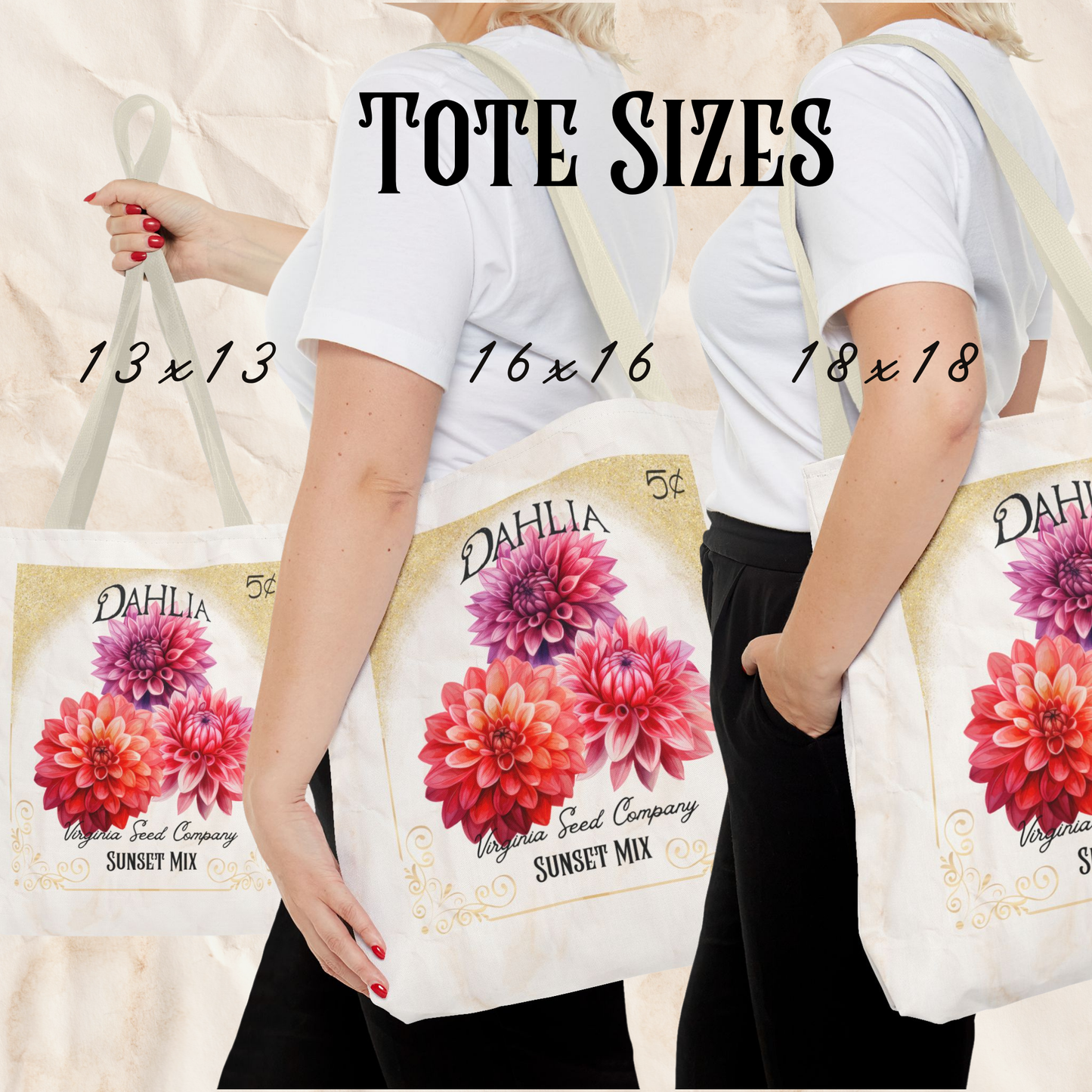 Personalized Dahlia Seed Packet Vintage Farmer's Market Tote Bag