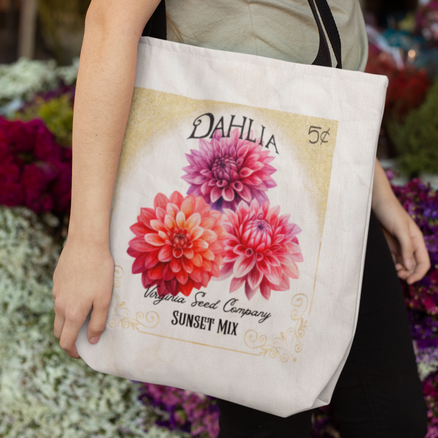 Personalized Dahlia Seed Packet Vintage Farmer's Market Tote Bag