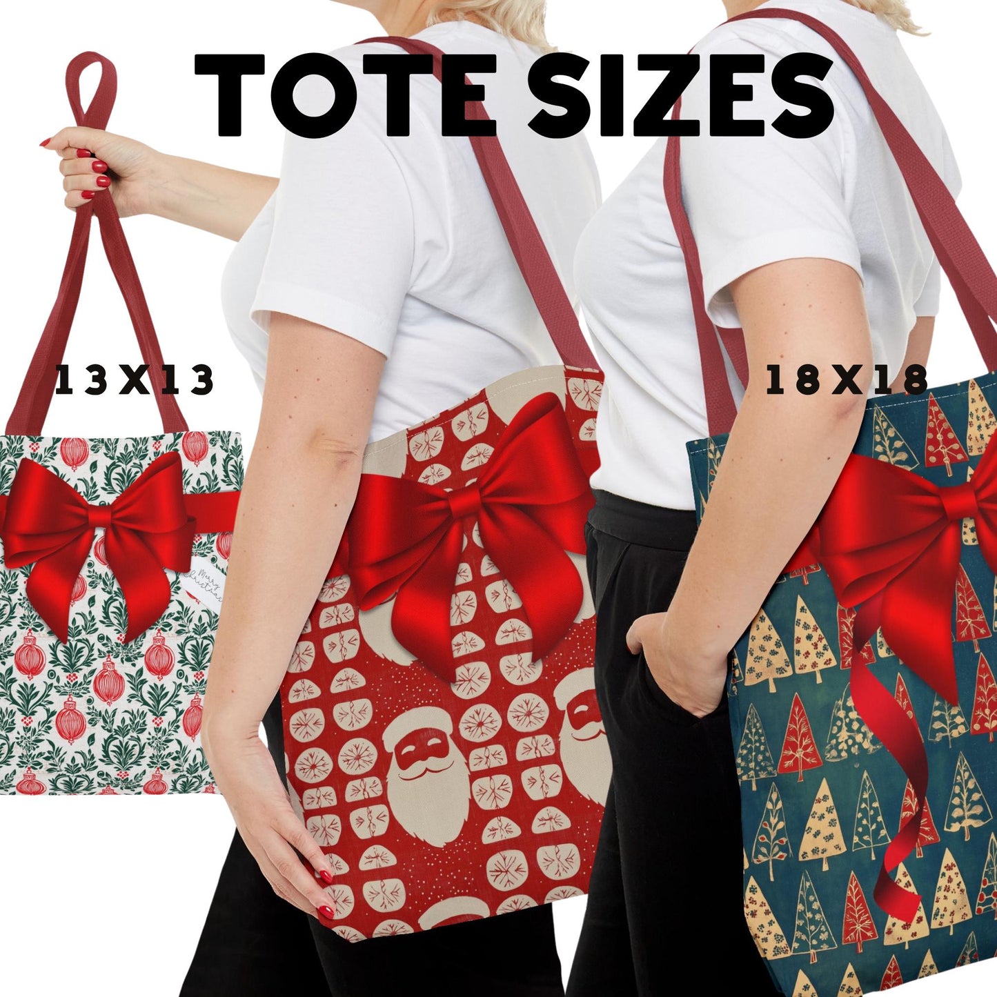 Personalized Red and Green Block Print Christmas Wrapping Boxy Tote Bag in 4 Designs - Personalized Gift Tag - Reusable Gift Bag