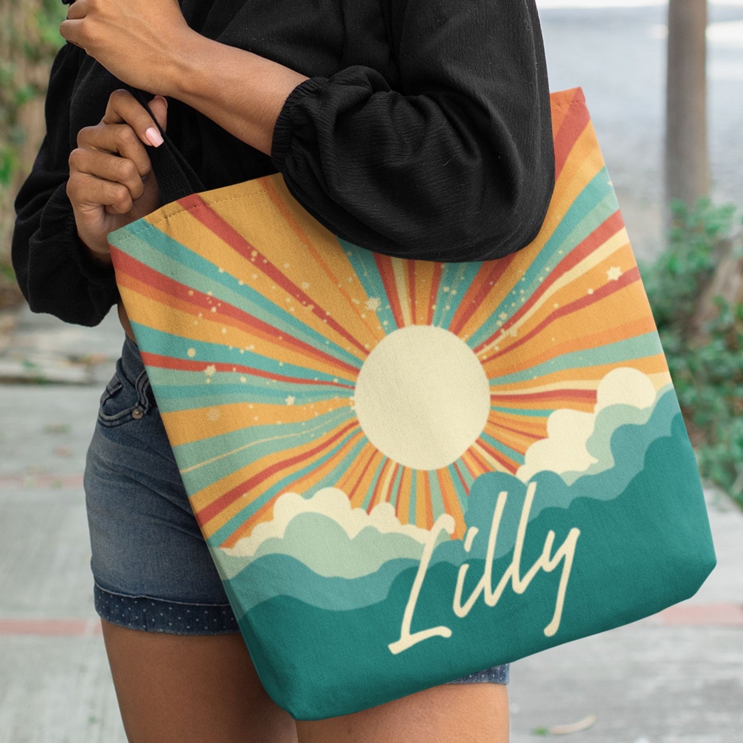 Personalized Sun Tote Bag in Teal and Orange