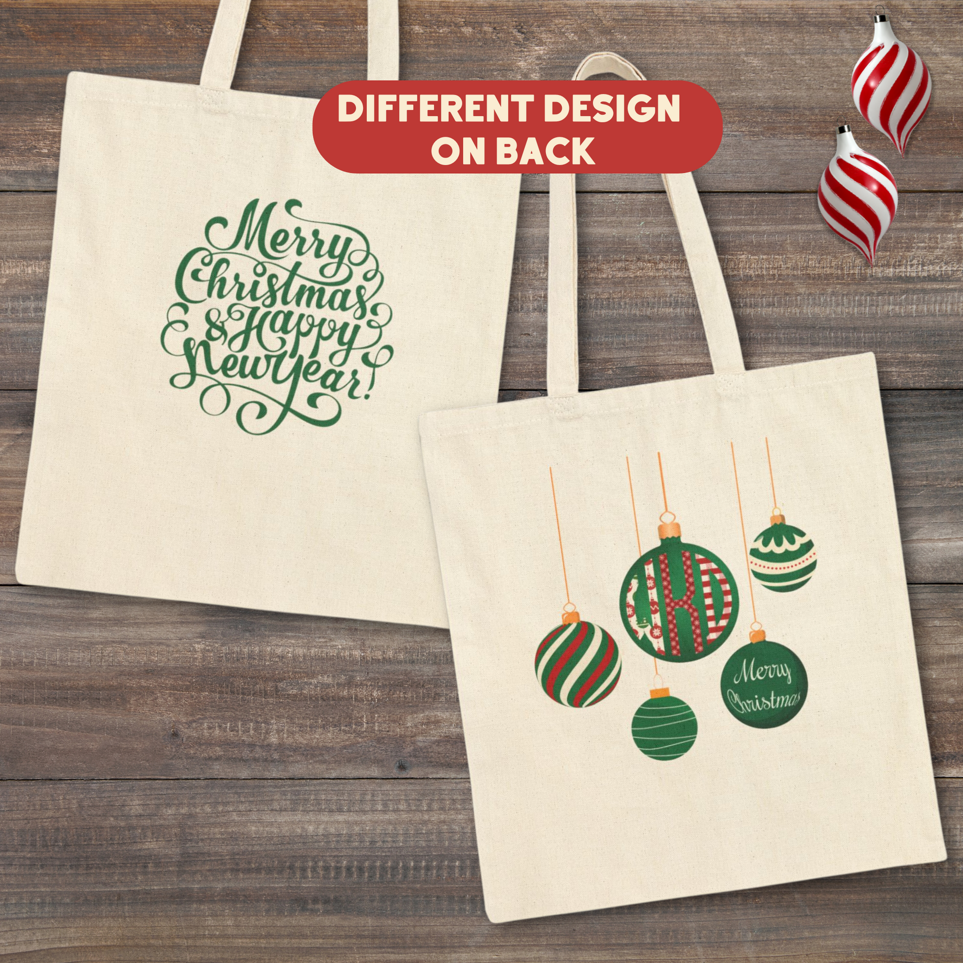 Super simple cotton canvas tote bag with a beautiful Christmas ornament monogram in green or red. &nbsp;Instead of a monogram, you can also personalize with "Mom" or another 3 letter word of your choice. No boxed corners, just the simple canvas tote we all carry to the farmer's market. There is a different design on the back. Pretty enough for those of us 50 and up, but simple enough for our beloved Gen Z girls. Bag measures 15 x 16.

Also available in boxy tote in white and black.