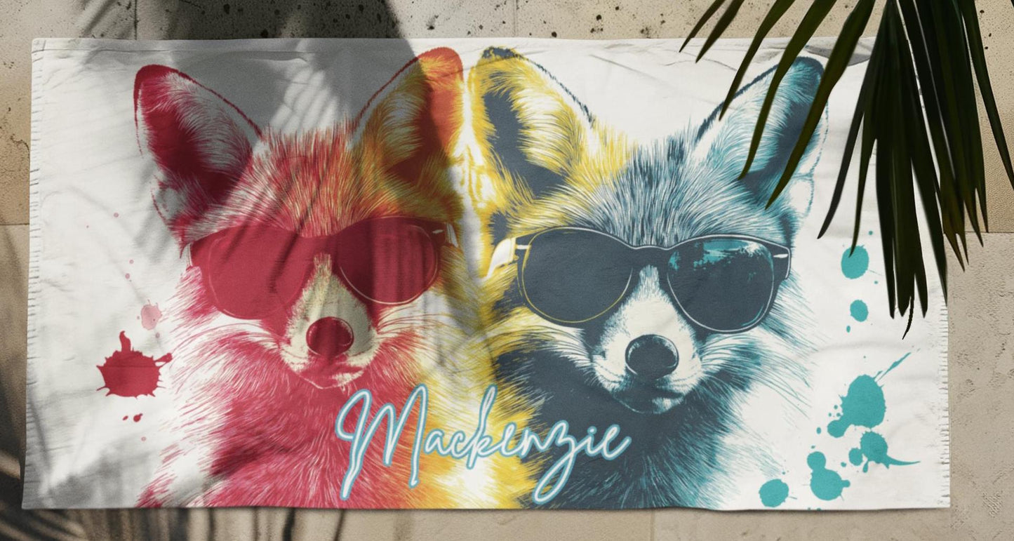 Personalized Cute Fox Beach Towel: Custom Family Vacation Pool Towel