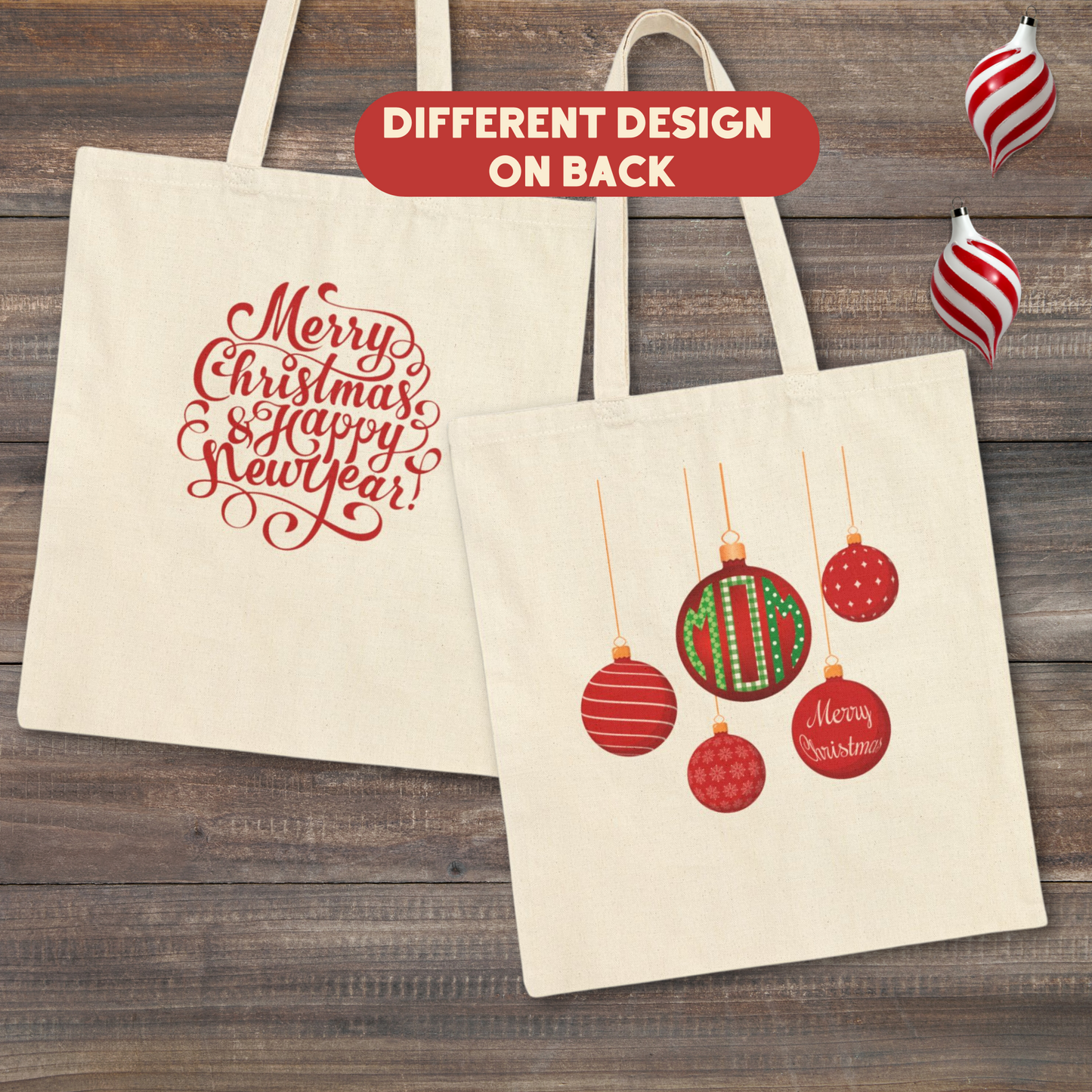 Super simple cotton canvas tote bag with a beautiful Christmas ornament monogram in green or red. &nbsp;Instead of a monogram, you can also personalize with "Mom" or another 3 letter word of your choice. No boxed corners, just the simple canvas tote we all carry to the farmer's market. There is a different design on the back. Pretty enough for those of us 50 and up, but simple enough for our beloved Gen Z girls. Bag measures 15 x 16.

Also available in boxy tote in white and black.