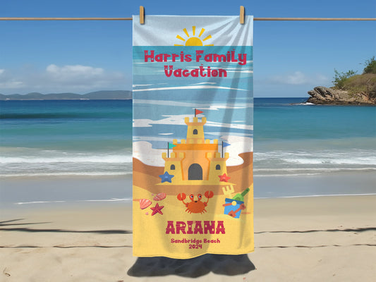 Personalized Sandcastle Beach Towel: Custom Family Vacation Towel