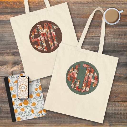 Super simple cotton canvas tote bag with a beautiful boho monogram in 3 colorways...chocolate brown, eucalyptus green, and raspberry pink. No boxed corners, no color choices, just a beautiful flower monogram with your choice of background color. Pretty and useful enough for those of us 50 and up, but simple enough for our beloved Gen Z girls. The bag measures 15 x 16.