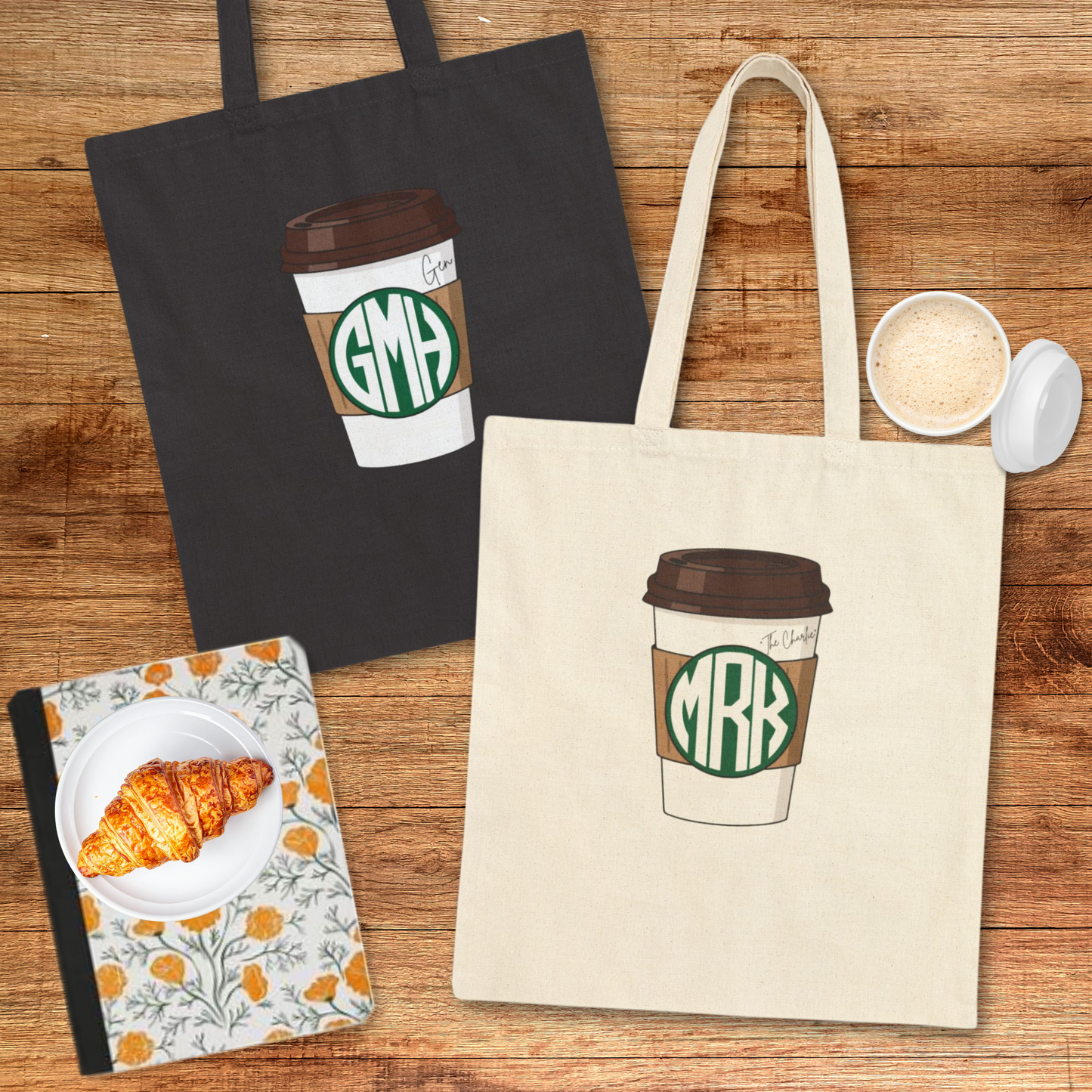 Super simple cotton canvas tote bag with a coffee shop (you know who) style monogram on a to go cup. A name or phrase like "The Charlie" or Pumpkin Spice Latte is also written to the top right. No boxed corners, just a bold monogram on your choice of natural or black canvas bag. 
