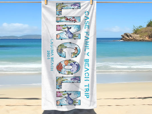 Personalized Kids Beach Towel: Sea Creature Alphabet Name Towel