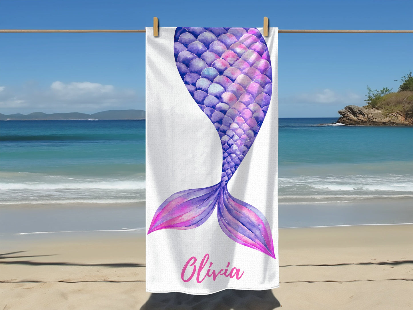 Personalized Kids Beach Towel: Mermaid Tail, Family Vacation