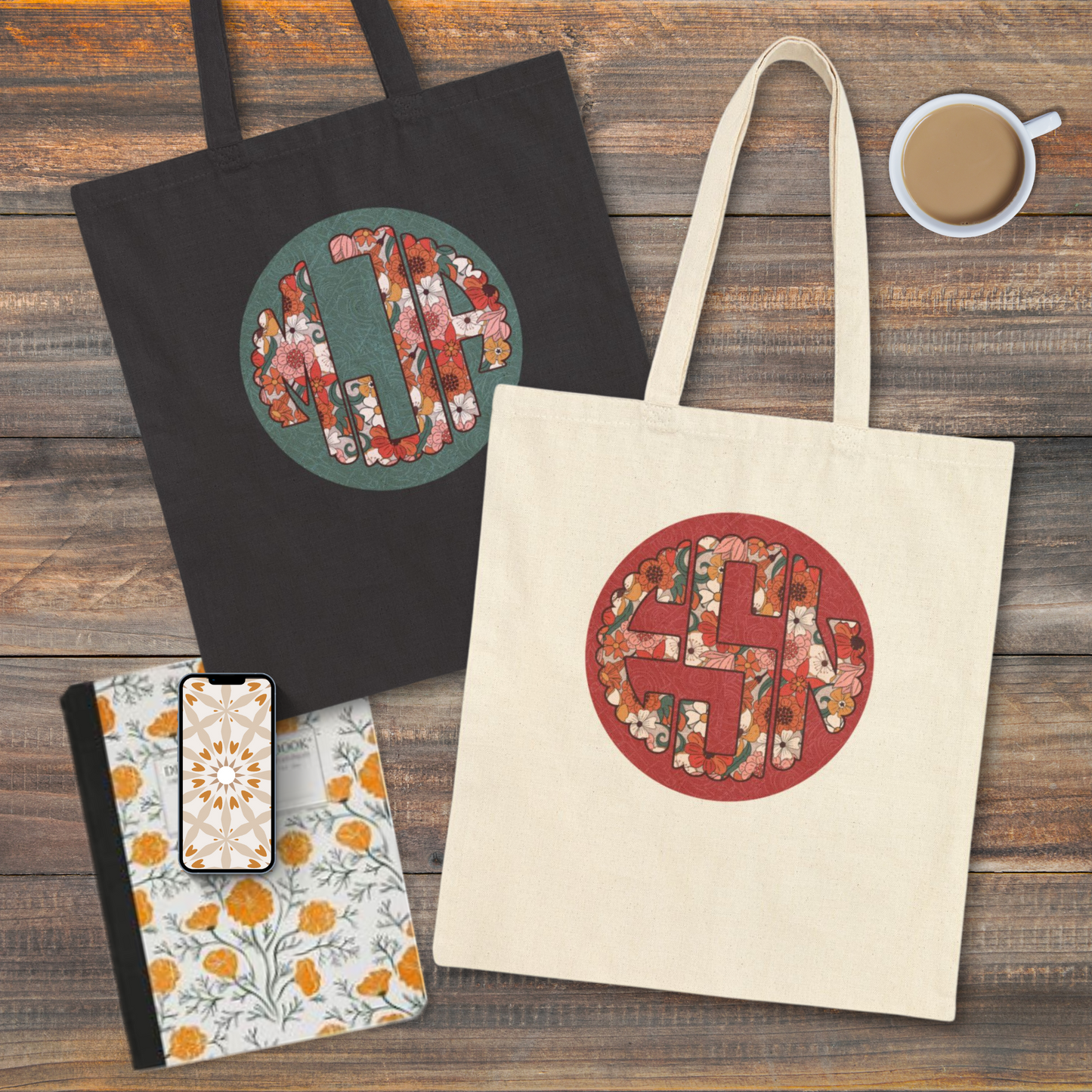 Super simple cotton canvas tote bag with a beautiful boho monogram in 3 colorways...chocolate brown, eucalyptus green, and raspberry pink. No boxed corners, no color choices, just a beautiful flower monogram with your choice of background color. Pretty and useful enough for those of us 50 and up, but simple enough for our beloved Gen Z girls. The bag measures 15 x 16.