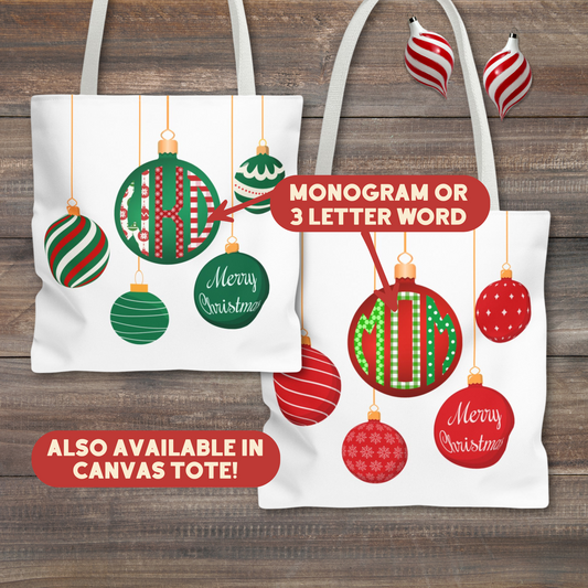 Personalized boxy tote bag with a beautiful Christmas ornament monogram in green or red. Instead of a monogram, you can also personalize with "Mom" or another 3-letter word of your choice. This bag is available with a white or black background and your choice of white, red or black handle. There is a different design on the back. Available in 3 sizes