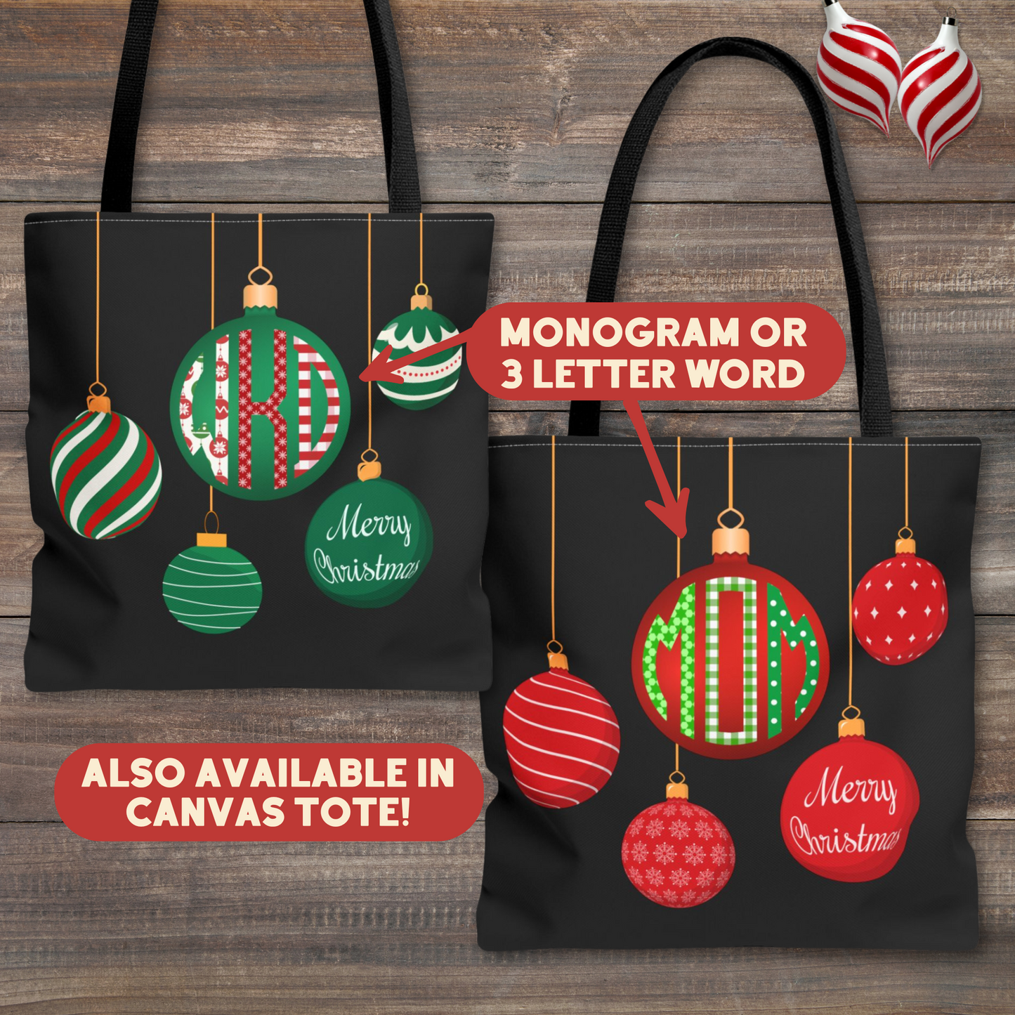 Personalized boxy tote bag with a beautiful Christmas ornament monogram in green or red. Instead of a monogram, you can also personalize with "Mom" or another 3-letter word of your choice. This bag is available with a white or black background and your choice of white, red or black handle. There is a different design on the back. Available in 3 sizes