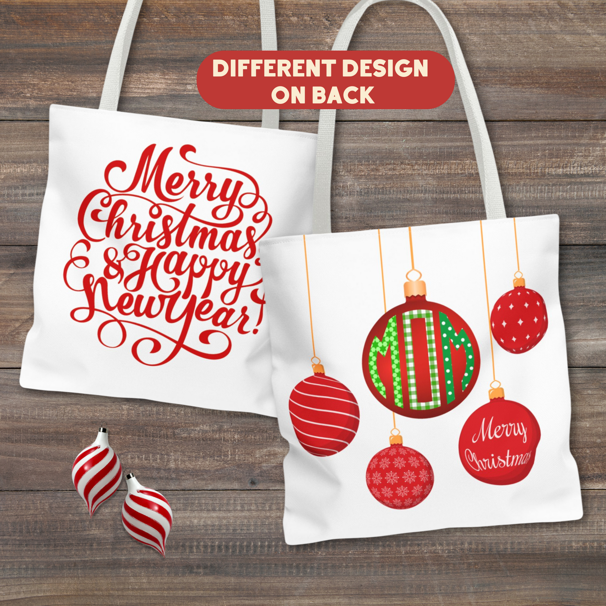 Personalized boxy tote bag with a beautiful Christmas ornament monogram in green or red. Instead of a monogram, you can also personalize with "Mom" or another 3-letter word of your choice. This bag is available with a white or black background and your choice of white, red or black handle. There is a different design on the back. Available in 3 sizes