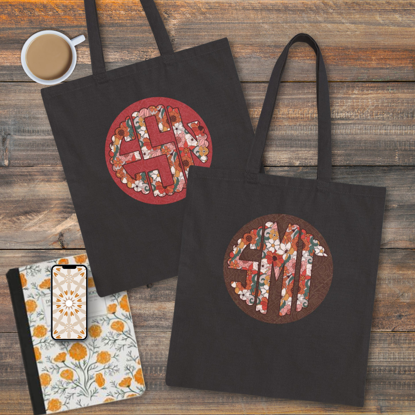 Super simple cotton canvas tote bag with a beautiful boho monogram in 3 colorways...chocolate brown, eucalyptus green, and raspberry pink. No boxed corners, no color choices, just a beautiful flower monogram with your choice of background color. Pretty and useful enough for those of us 50 and up, but simple enough for our beloved Gen Z girls. The bag measures 15 x 16.