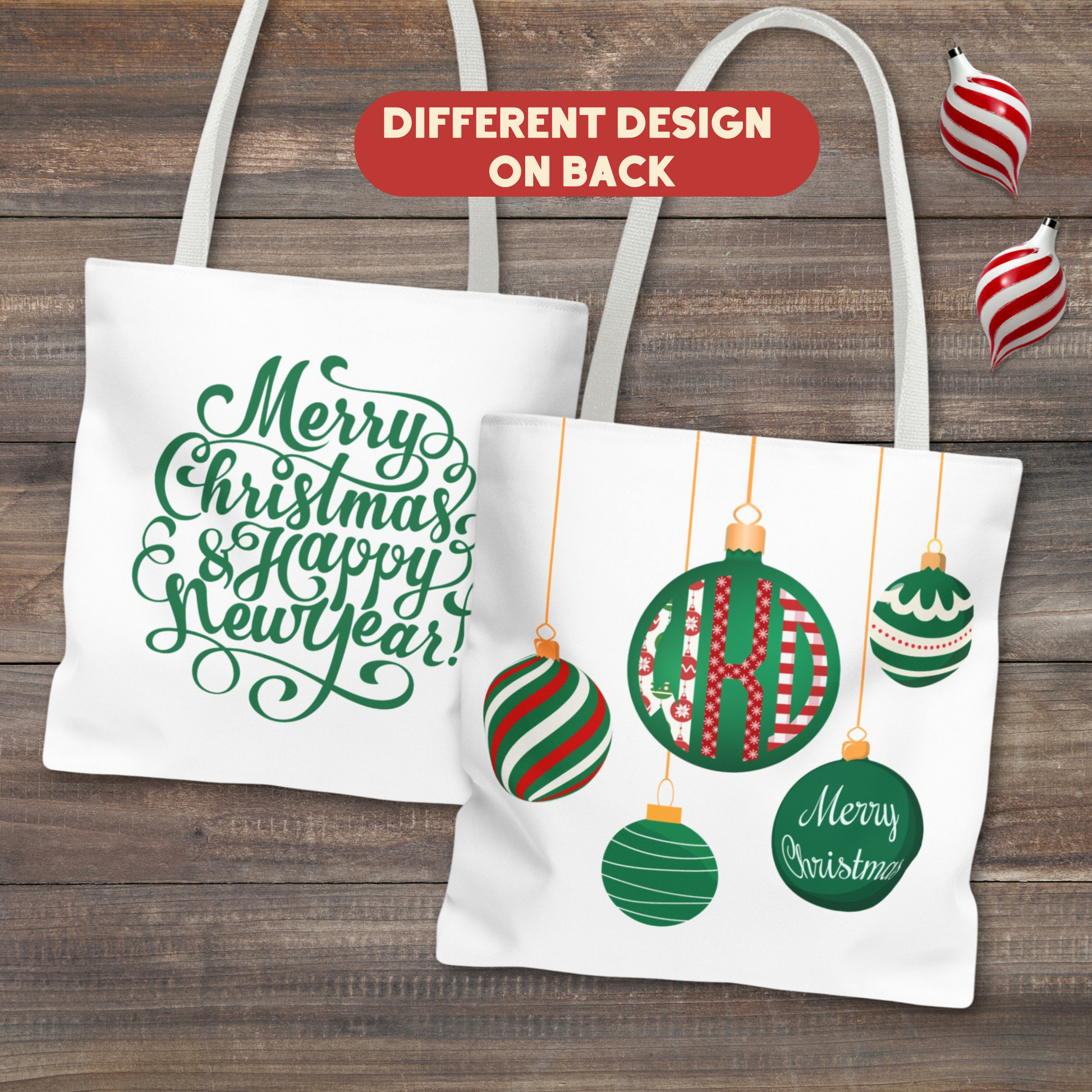 Personalized boxy tote bag with a beautiful Christmas ornament monogram in green or red. Instead of a monogram, you can also personalize with "Mom" or another 3-letter word of your choice. This bag is available with a white or black background and your choice of white, red or black handle. There is a different design on the back. Available in 3 sizes