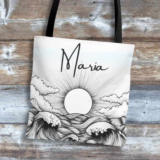 Personalized Stormy Seas Sun Tote Bag in Black and White