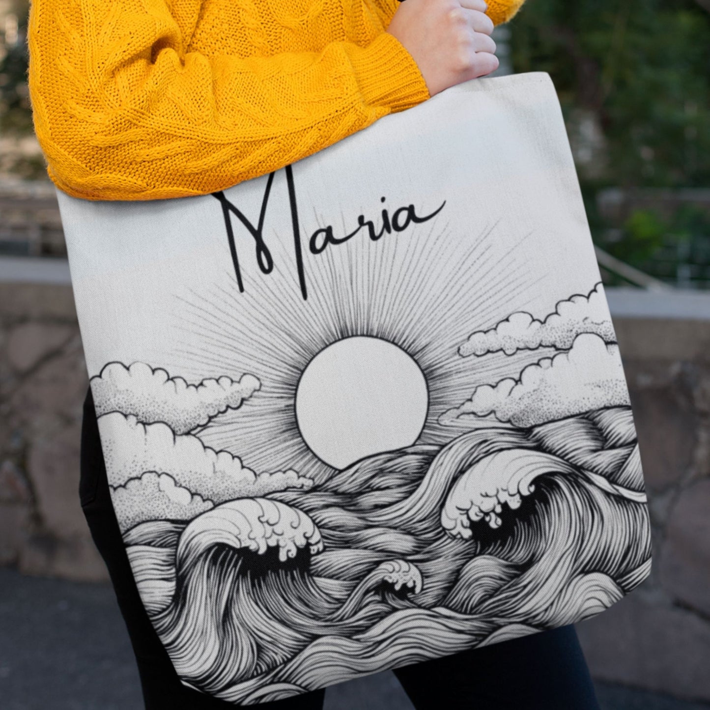 Personalized Stormy Seas Sun Tote Bag in Black and White