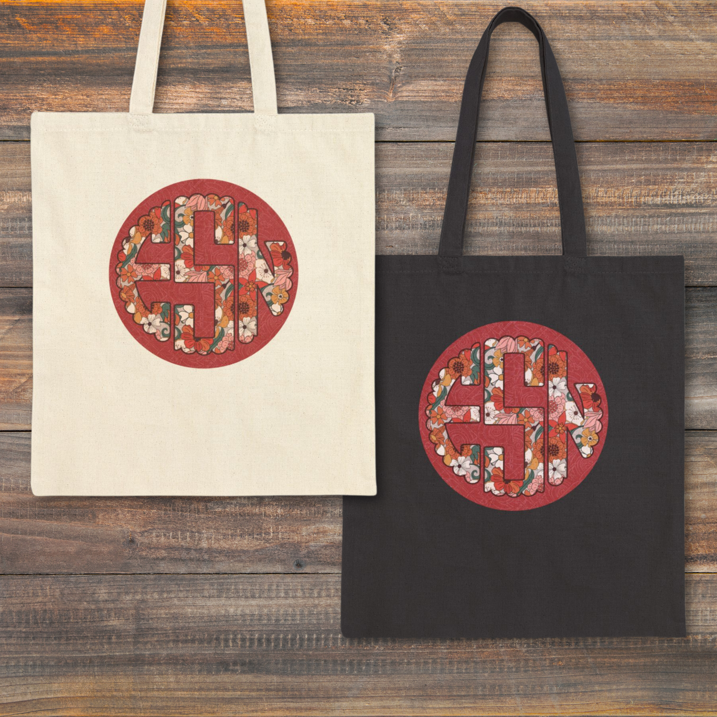 Super simple cotton canvas tote bag with a beautiful boho monogram in 3 colorways...chocolate brown, eucalyptus green, and raspberry pink. No boxed corners, no color choices, just a beautiful flower monogram with your choice of background color. Pretty and useful enough for those of us 50 and up, but simple enough for our beloved Gen Z girls. The bag measures 15 x 16.