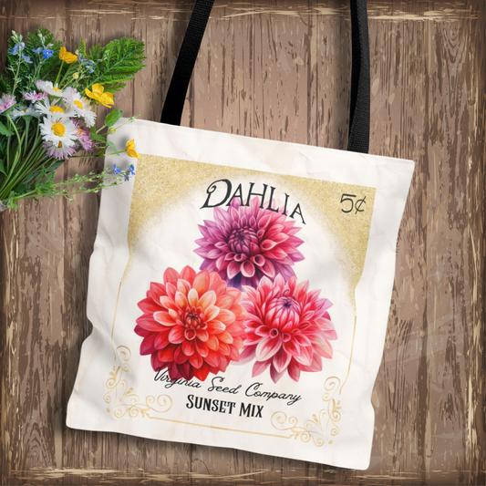 Personalized Dahlia Seed Packet Vintage Farmer's Market Tote Bag