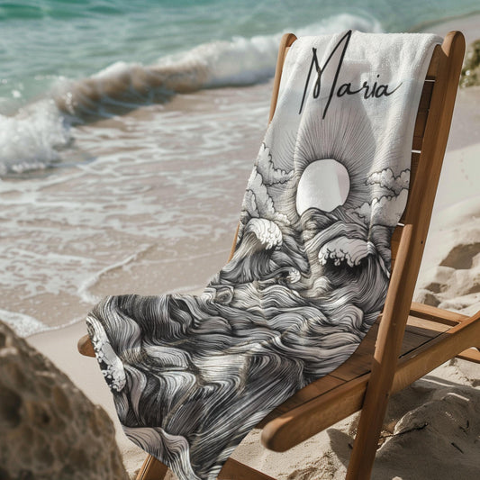 Custom Beach Towel: Stormy Seas Sun Design, Personalized Family Vacation