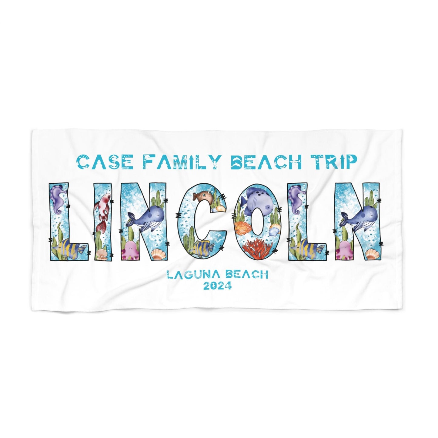 Personalized Kids Beach Towel: Sea Creature Alphabet Name Towel
