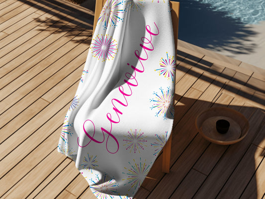 Custom Beach Towel with Name, Family Vacation, Beach Trip, Mother's Day Gift, Pool Towel, Personalized Towel - Fireworks!