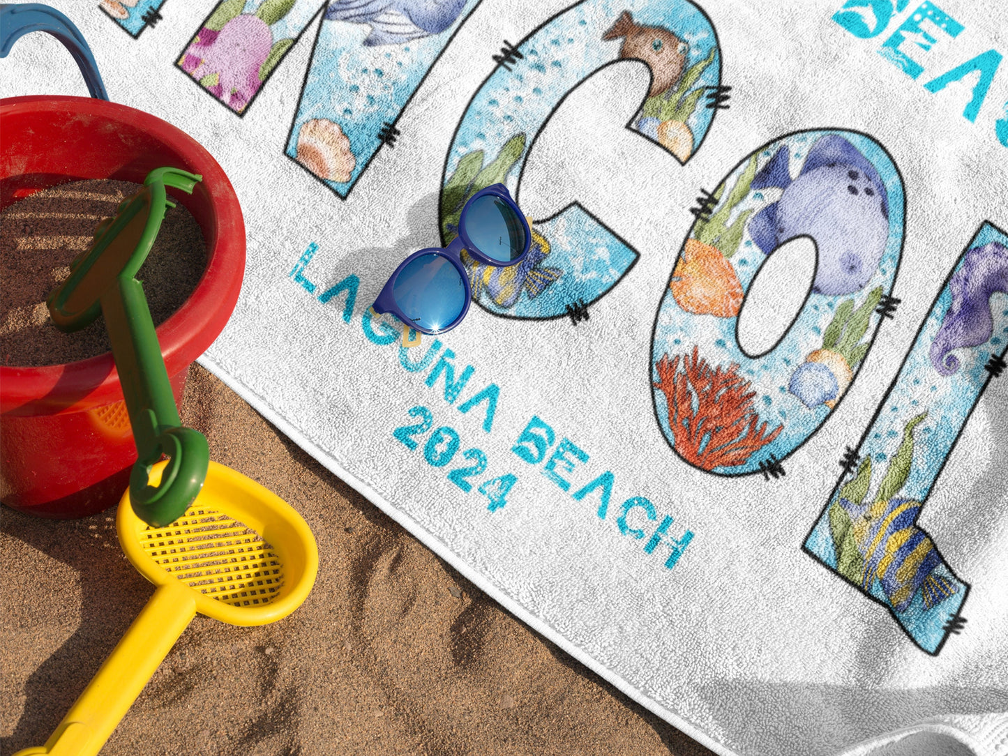 Personalized Kids Beach Towel: Sea Creature Alphabet Name Towel