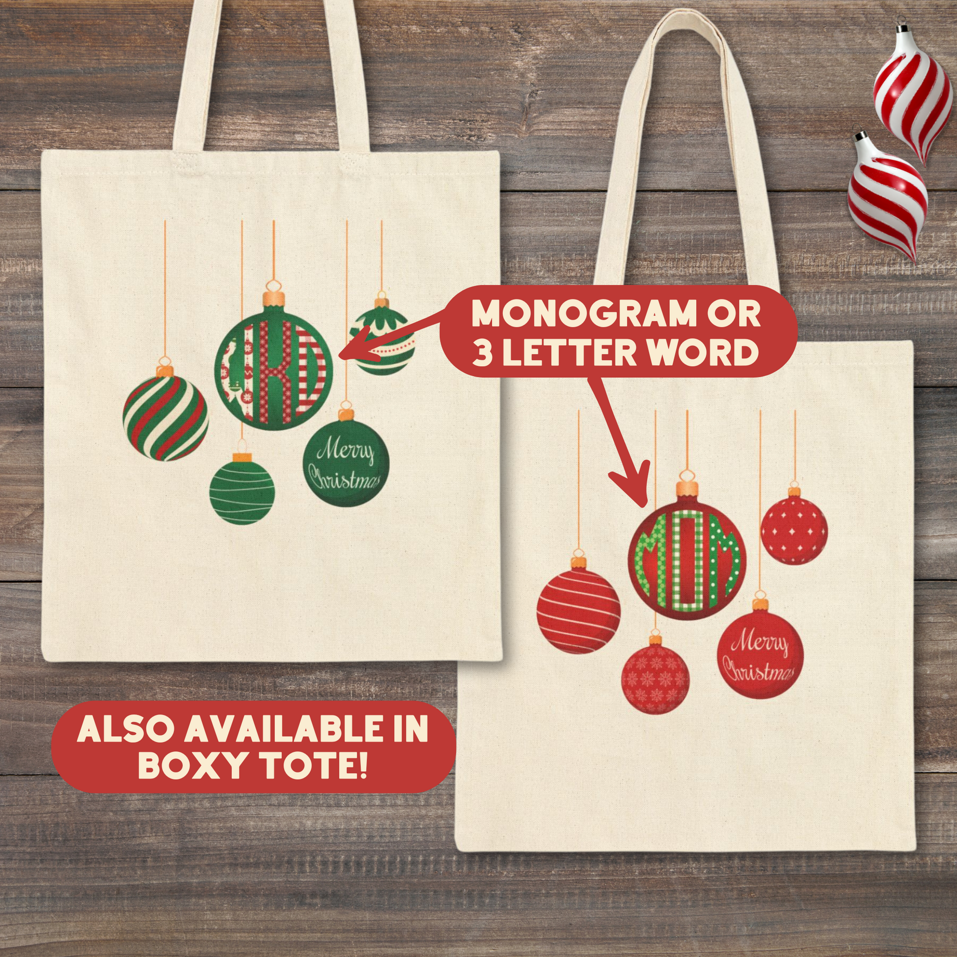 Super simple cotton canvas tote bag with a beautiful Christmas ornament monogram in green or red. &nbsp;Instead of a monogram, you can also personalize with "Mom" or another 3 letter word of your choice. No boxed corners, just the simple canvas tote we all carry to the farmer's market. There is a different design on the back. Pretty enough for those of us 50 and up, but simple enough for our beloved Gen Z girls. Bag measures 15 x 16.

Also available in boxy tote in white and black.