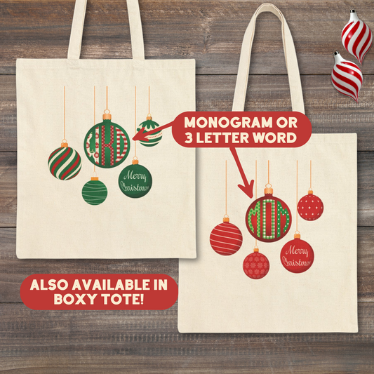 Super simple cotton canvas tote bag with a beautiful Christmas ornament monogram in green or red. &nbsp;Instead of a monogram, you can also personalize with "Mom" or another 3 letter word of your choice. No boxed corners, just the simple canvas tote we all carry to the farmer's market. There is a different design on the back. Pretty enough for those of us 50 and up, but simple enough for our beloved Gen Z girls. Bag measures 15 x 16.

Also available in boxy tote in white and black.
