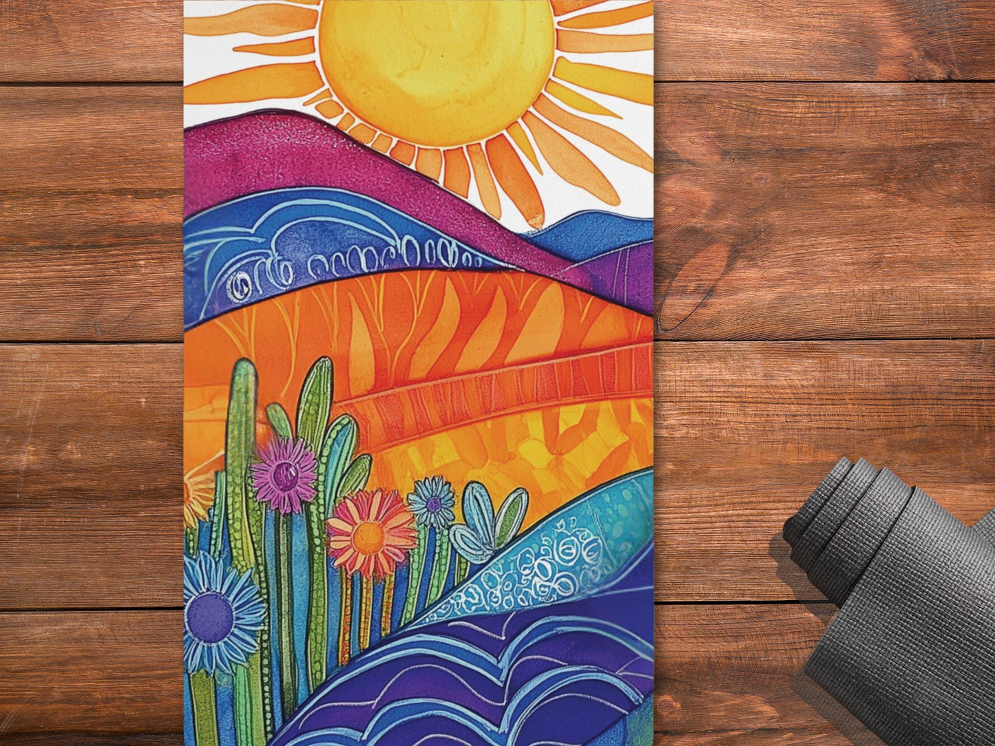 Personalized Yoga Mat: Rainbow Sunrise Design, Custom Name