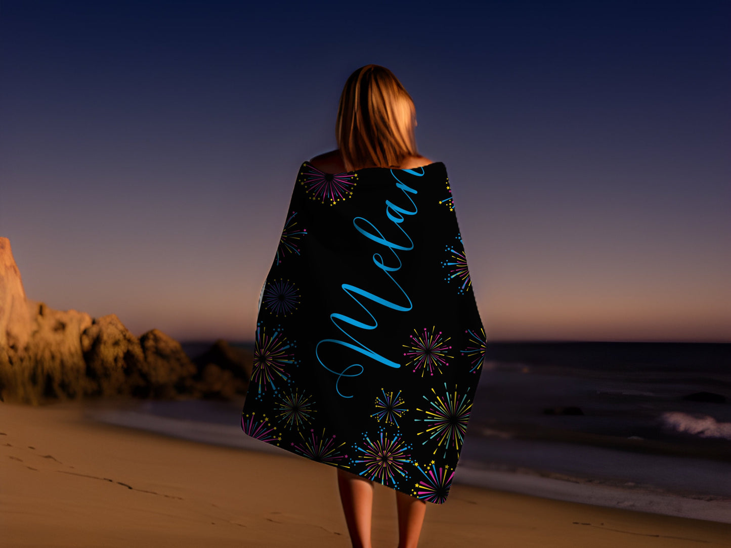Custom Beach Towel with Name, Family Vacation, Beach Trip, Mother's Day Gift, Pool Towel, Personalized Towel - Fireworks!