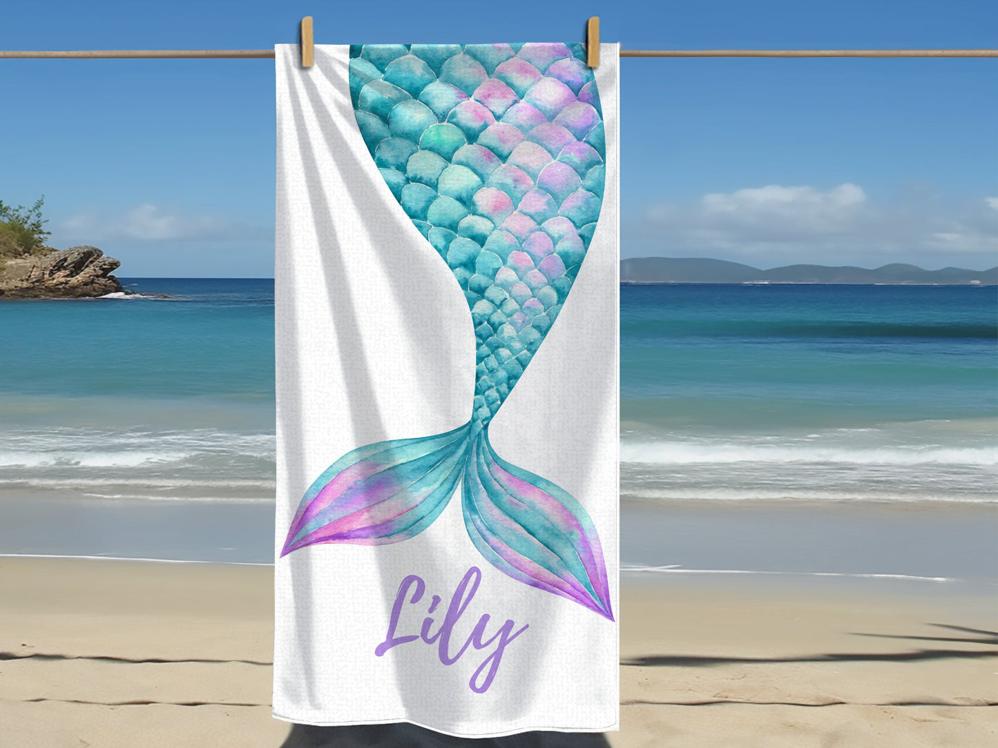 Personalized Kids Beach Towel: Mermaid Tail, Family Vacation