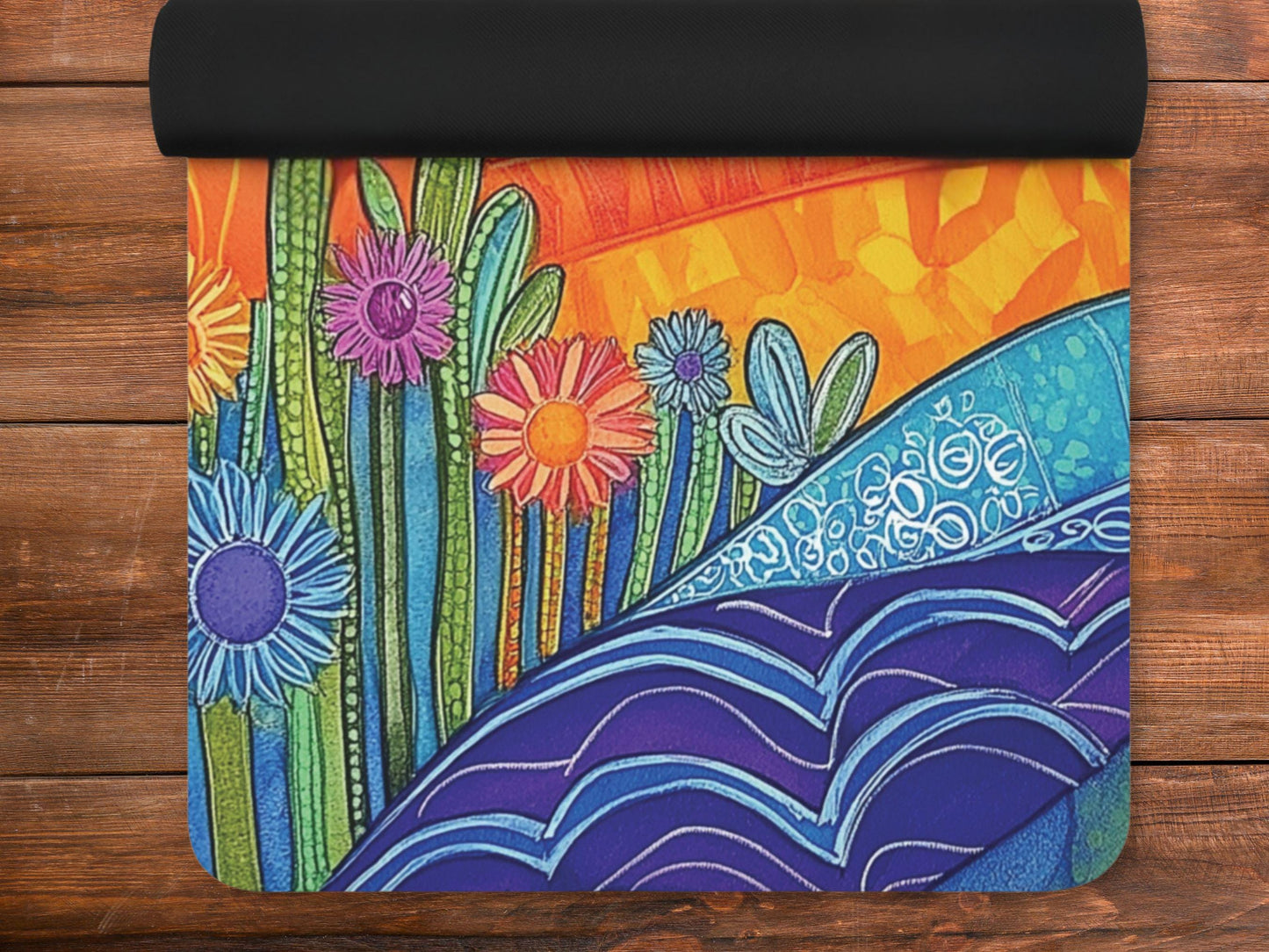 Personalized Yoga Mat: Rainbow Sunrise Design, Custom Name