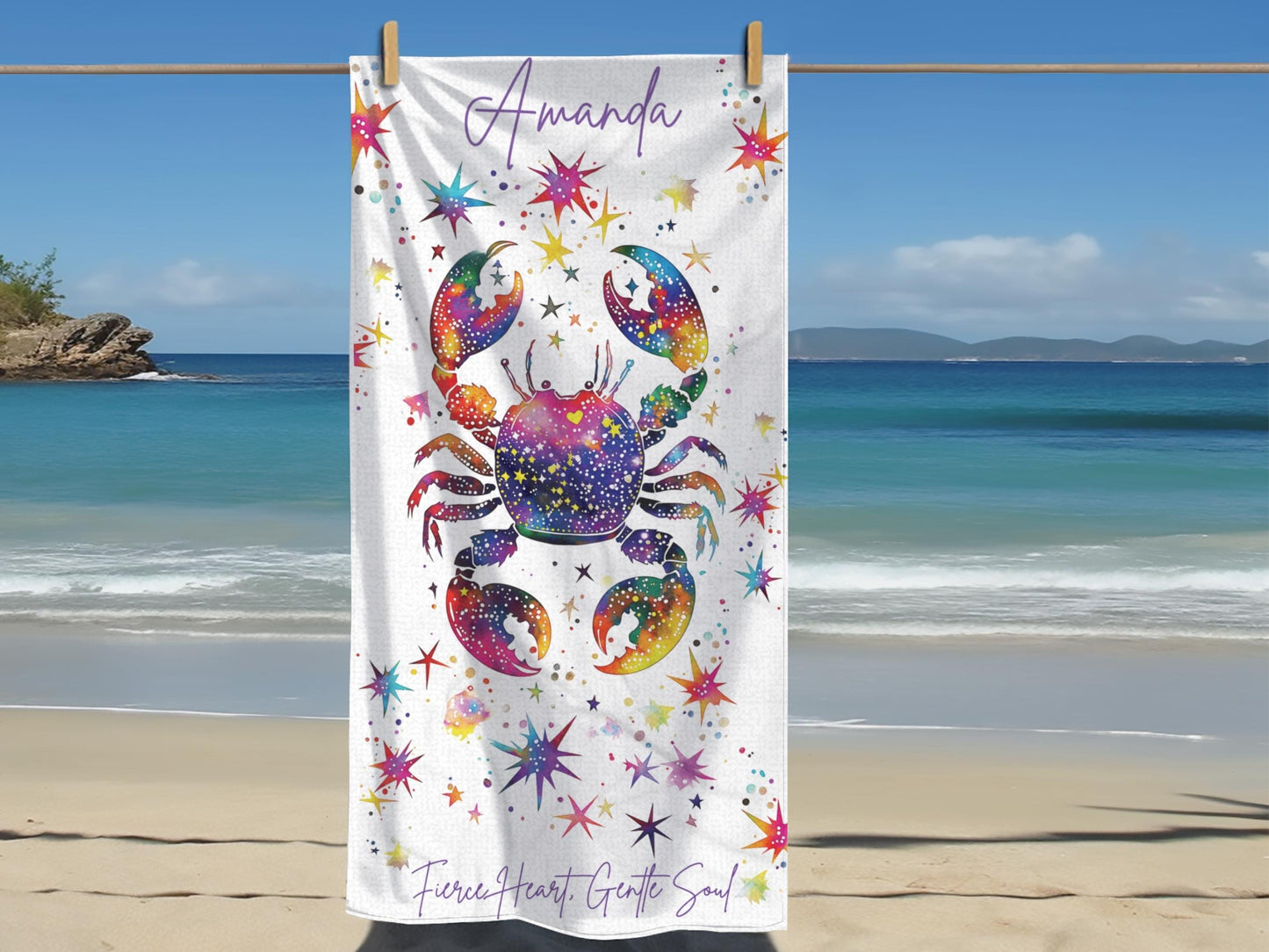 Custom Cancer Zodiac Beach Towel: Colorful Crab Astrology Gift