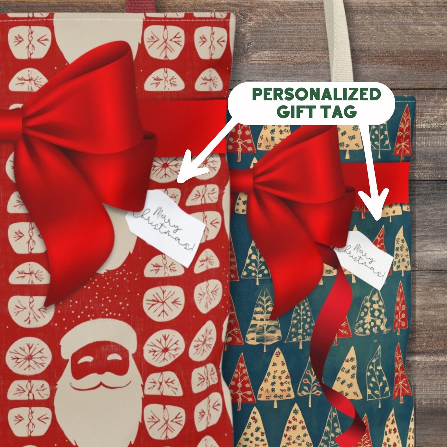 Personalized Red and Green Block Print Christmas Wrapping Boxy Tote Bag in 4 Designs - Personalized Gift Tag - Reusable Gift Bag