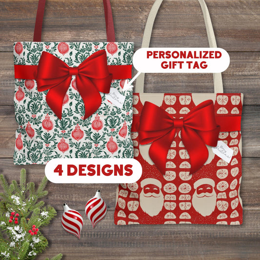 Personalized Red and Green Block Print Christmas Wrapping Boxy Tote Bag in 4 Designs - Personalized Gift Tag - Reusable Gift Bag