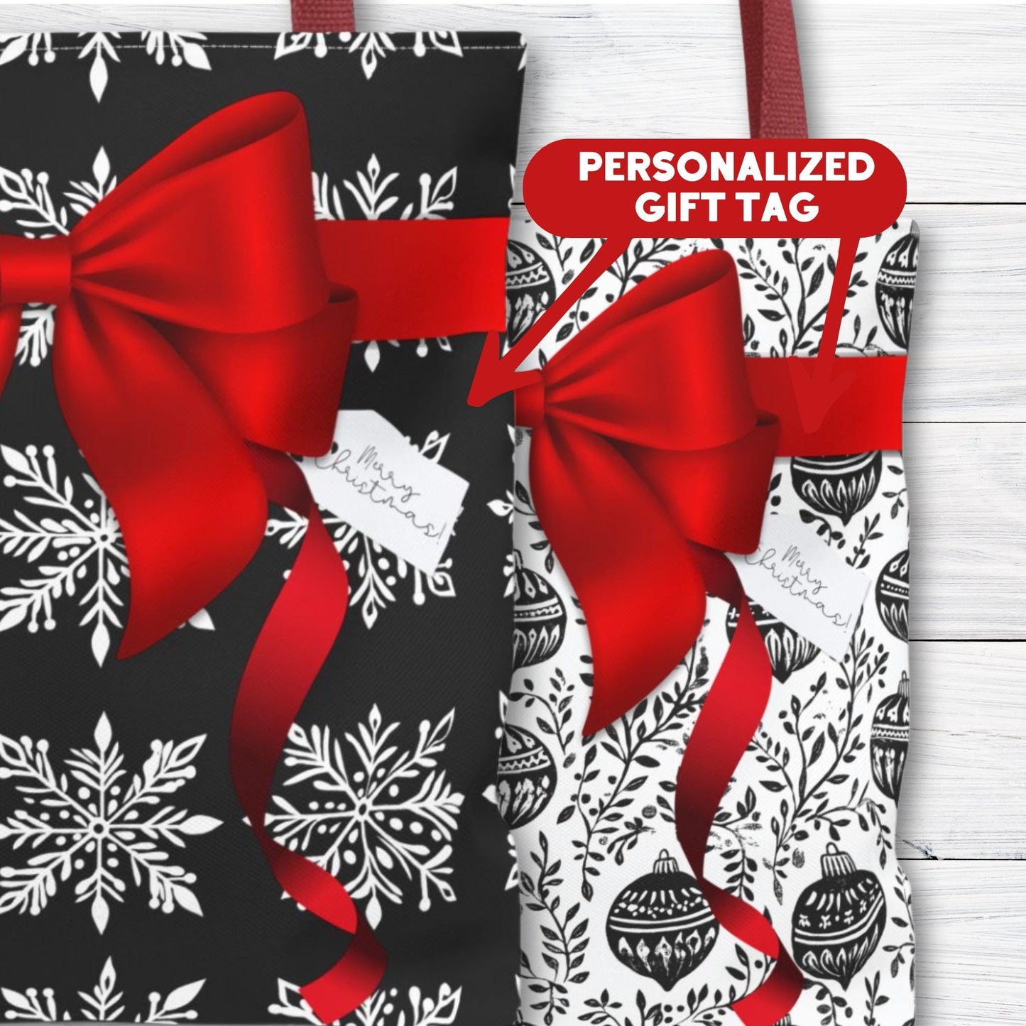 Personalized Red and Black Block Print Christmas Wrapping Boxy Tote Bag in 5 Designs - Personalized Gift Tag - Reusable Gift Bag