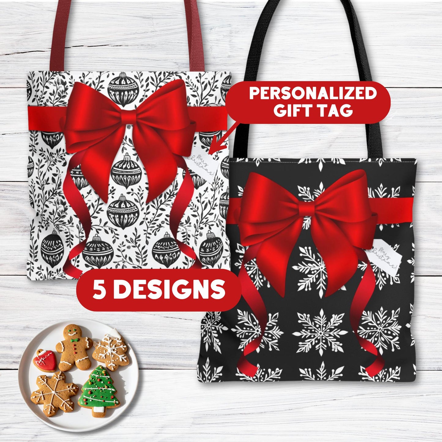 Personalized Red and Black Block Print Christmas Wrapping Boxy Tote Bag in 5 Designs - Personalized Gift Tag - Reusable Gift Bag