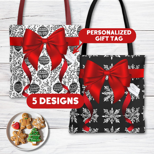 Personalized Red and Black Block Print Christmas Wrapping Boxy Tote Bag in 5 Designs - Personalized Gift Tag - Reusable Gift Bag