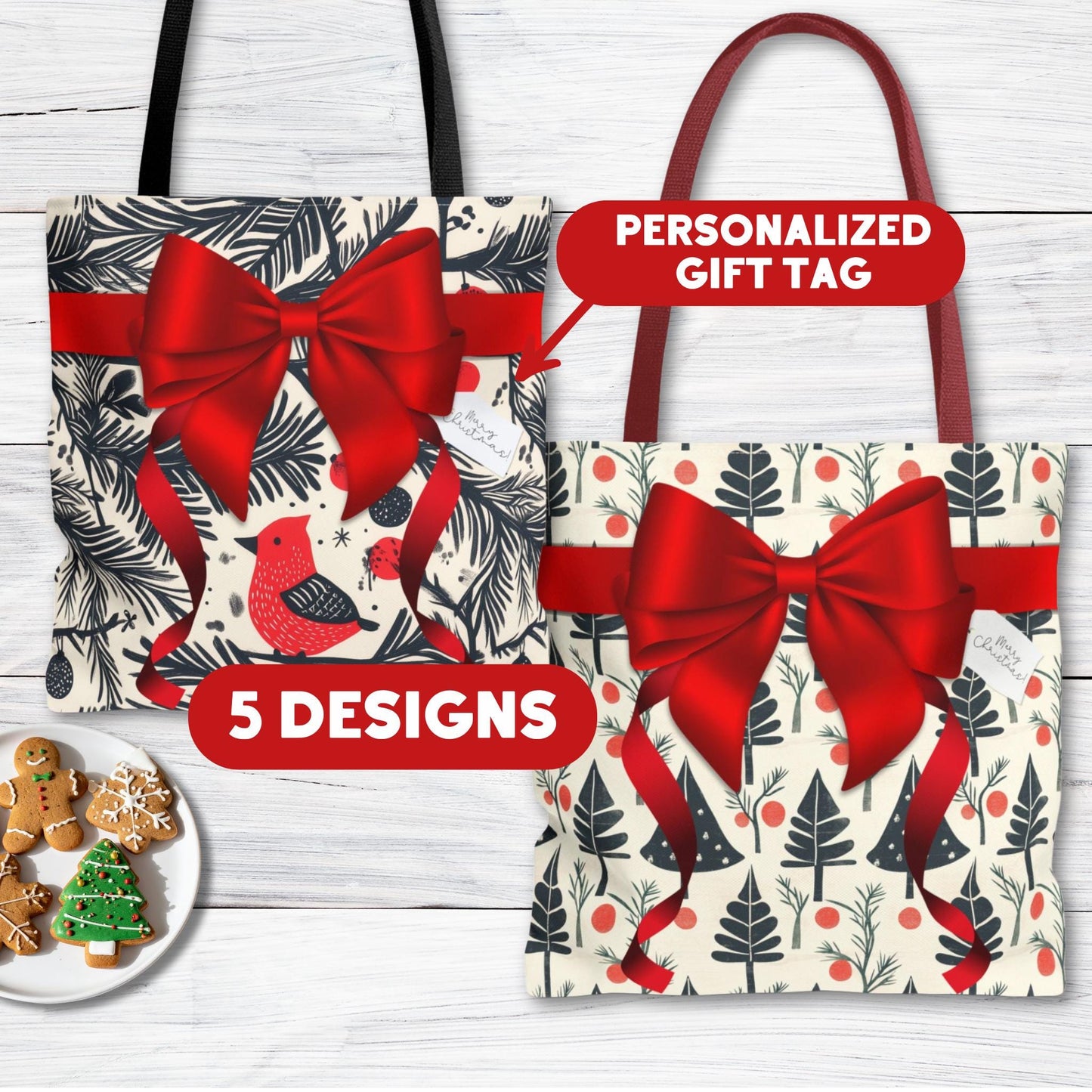 Personalized Red and Black Block Print Christmas Wrapping Boxy Tote Bag in 5 Designs - Personalized Gift Tag - Reusable Gift Bag