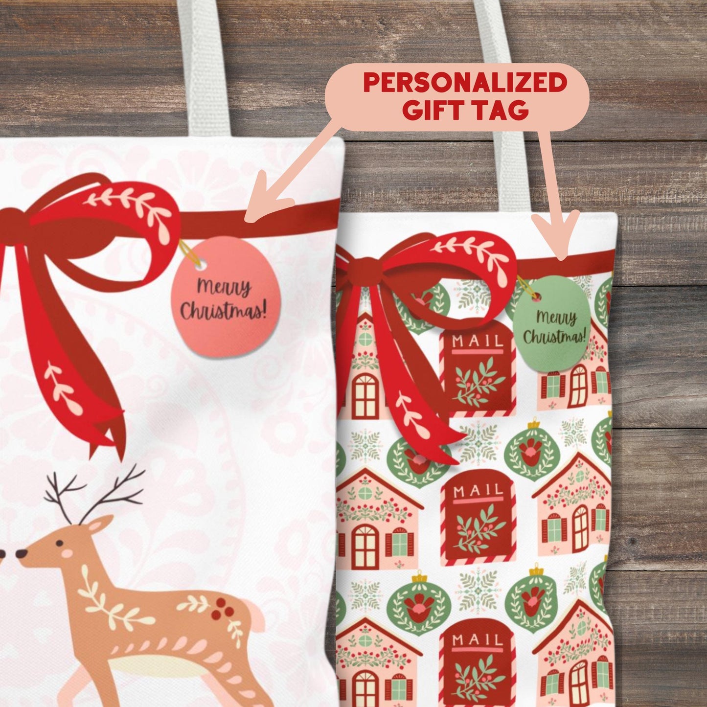 Personalized Folk Art Christmas Wrapping Boxy Tote Bag in 4 Designs - Personalized Gift Tag - Reusable Gift Bag