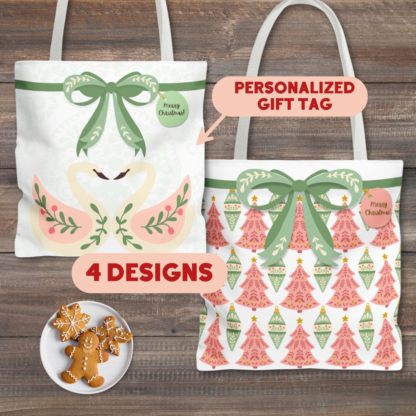 Personalized Folk Art Christmas Wrapping Boxy Tote Bag in 4 Designs - Personalized Gift Tag - Reusable Gift Bag