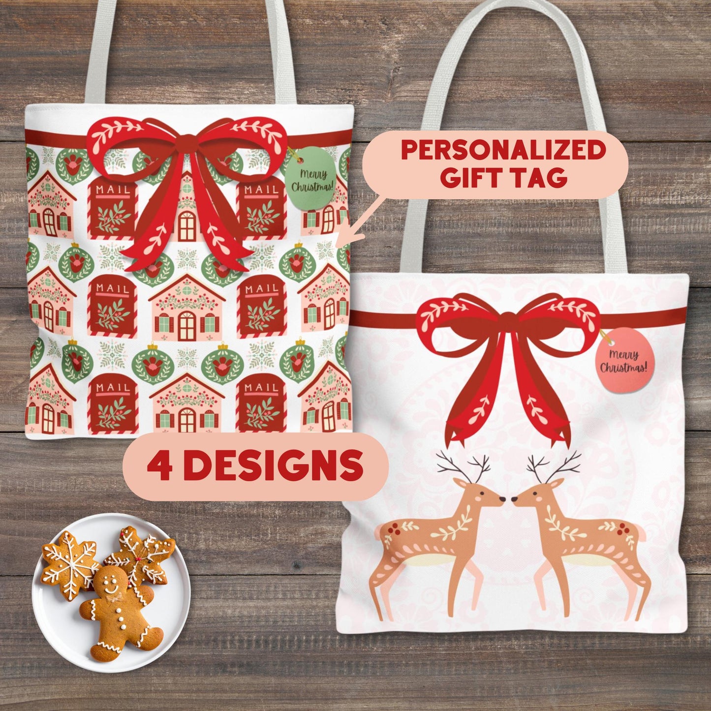 Personalized Folk Art Christmas Wrapping Boxy Tote Bag in 4 Designs - Personalized Gift Tag - Reusable Gift Bag