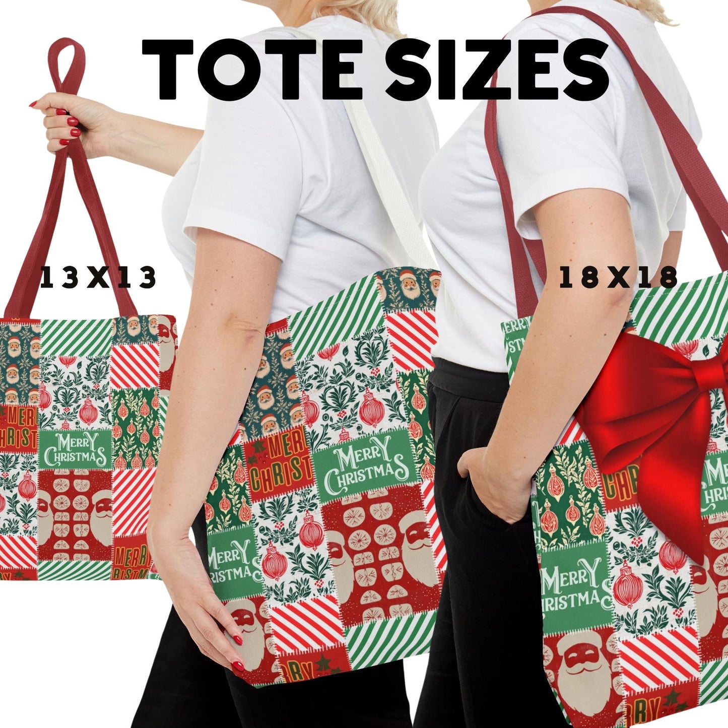 Personalized Red and Green Patchwork Boxy Tote Bag with Optional Bow