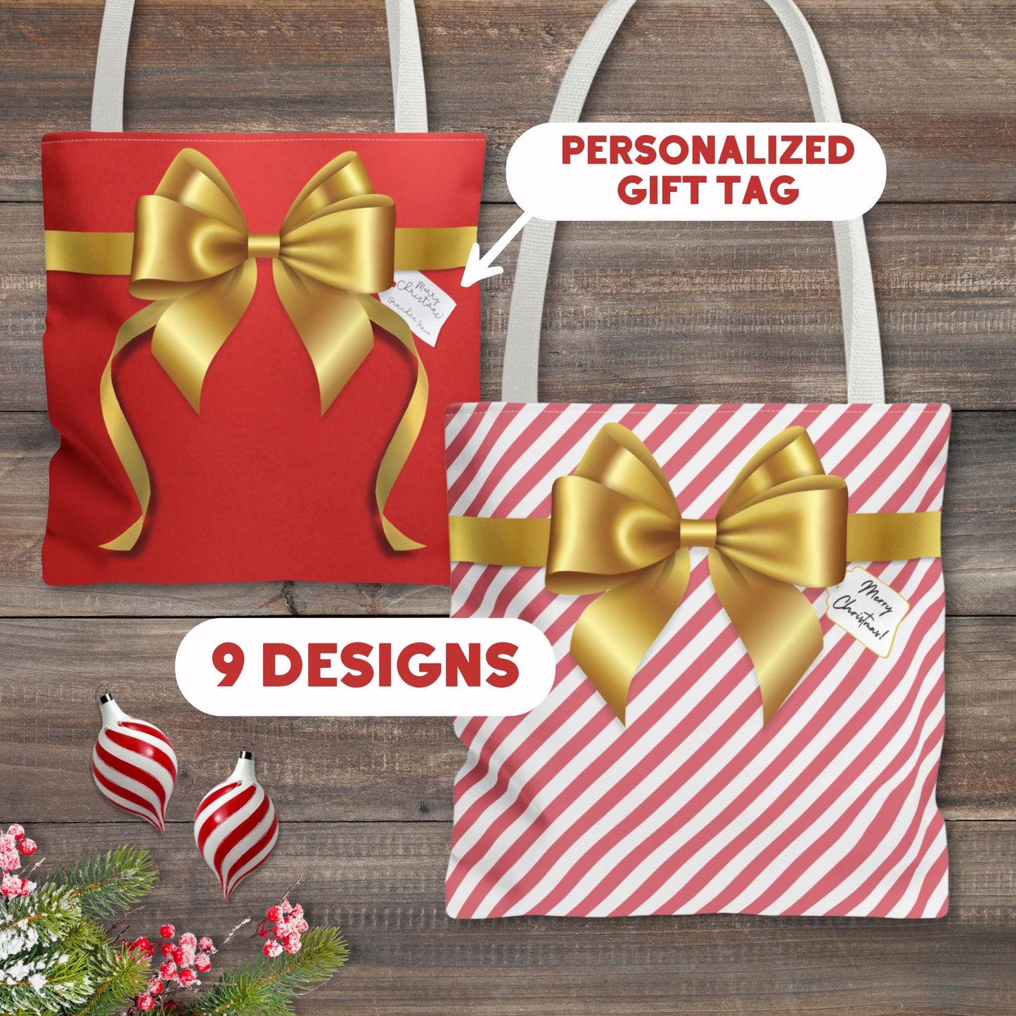 Personalized Christmas Wrapping Boxy Tote Bag in 9 Designs - Personalized Gift Tag - Reusable Gift Bag