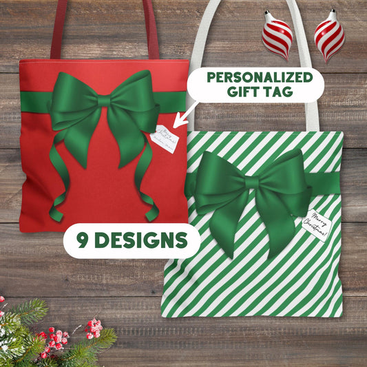 Personalized Christmas Wrapping Boxy Tote Bag in 9 Designs - Personalized Gift Tag - Reusable Gift Bag