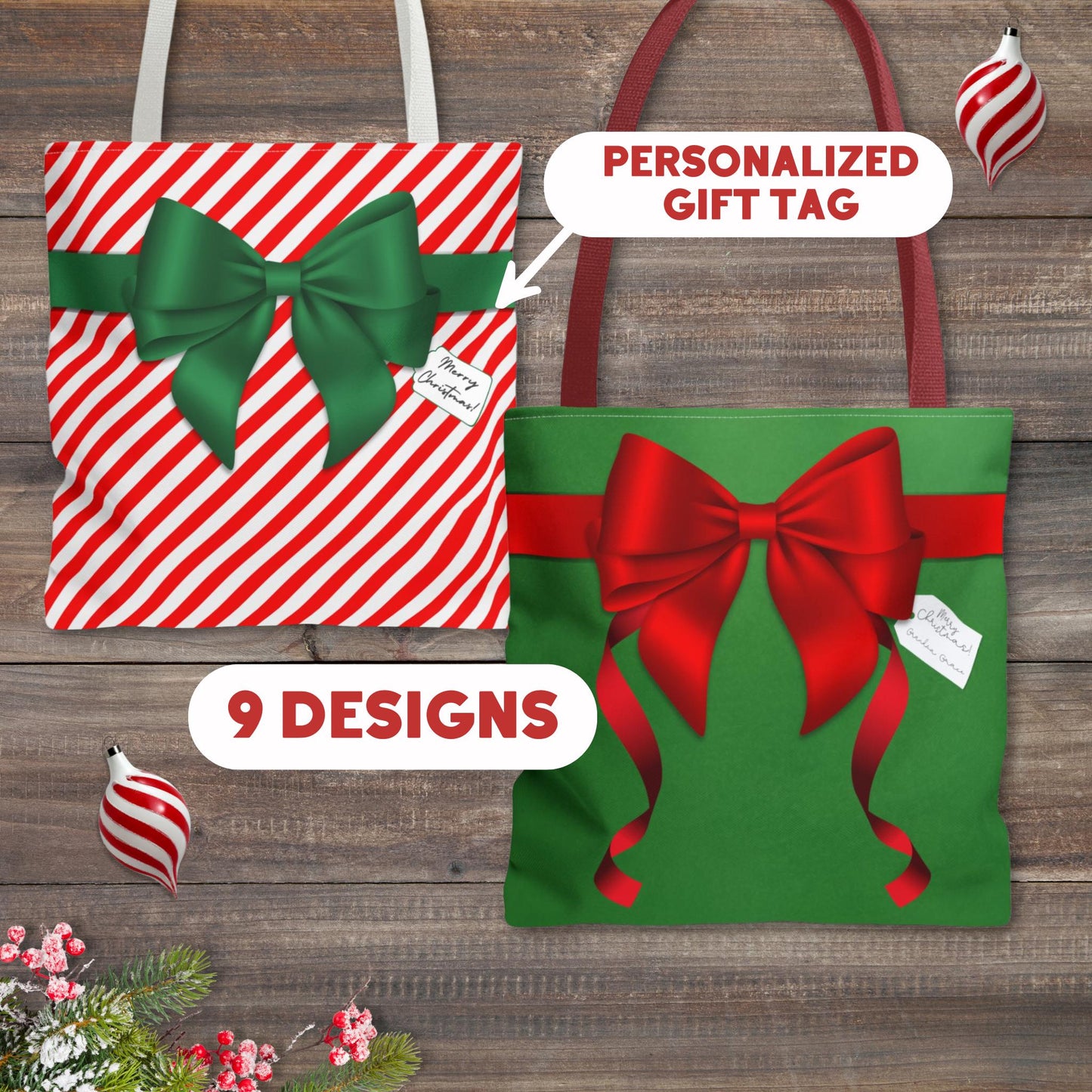 Personalized Christmas Wrapping Boxy Tote Bag in 9 Designs - Personalized Gift Tag - Reusable Gift Bag