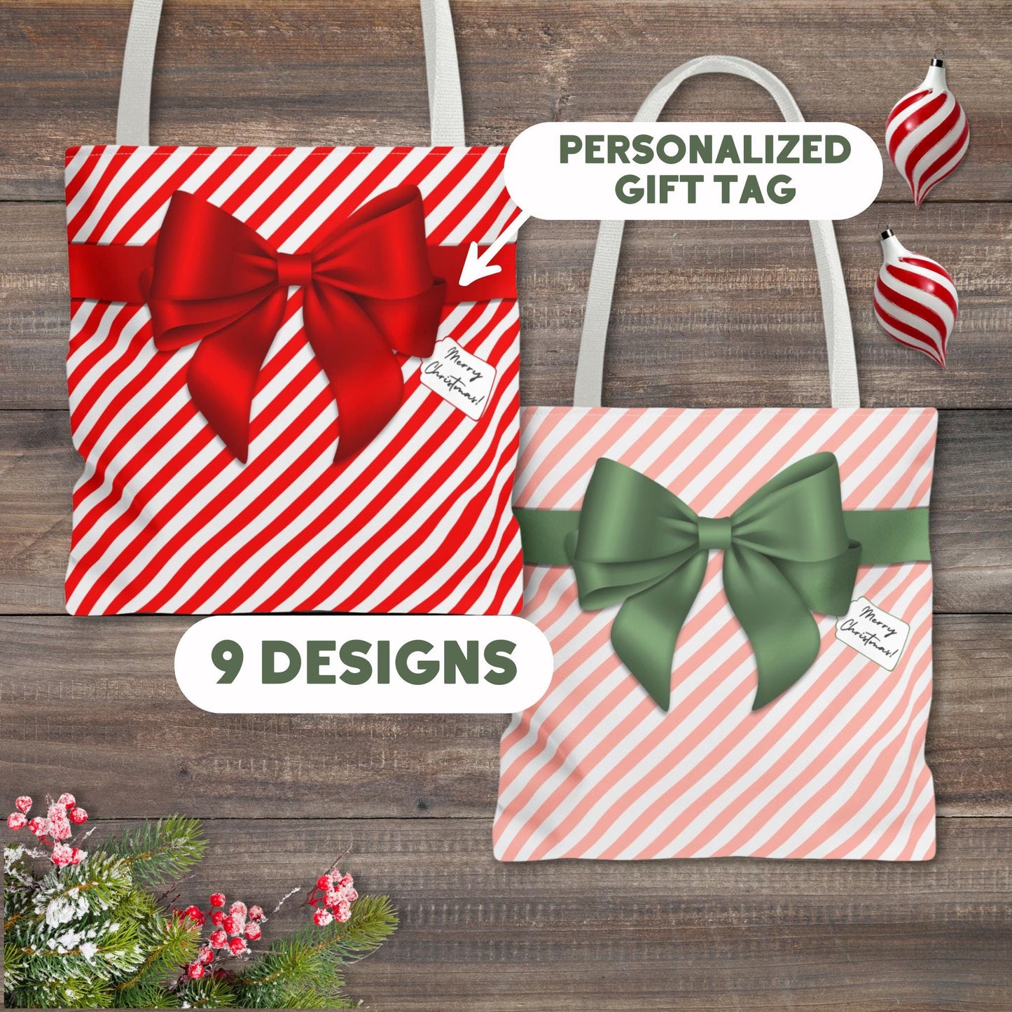 Personalized Christmas Wrapping Boxy Tote Bag in 9 Designs - Personalized Gift Tag - Reusable Gift Bag