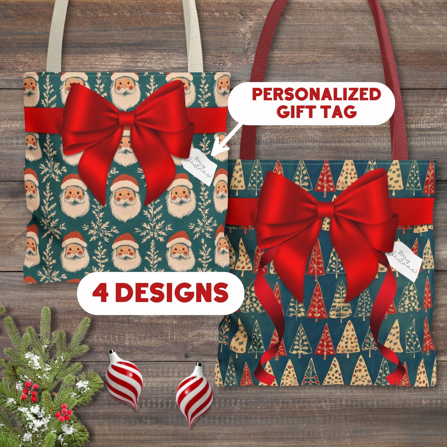 Personalized Red and Green Block Print Christmas Wrapping Boxy Tote Bag in 4 Designs - Personalized Gift Tag - Reusable Gift Bag